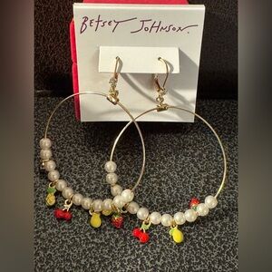 ❤️❤️ Betsy Johnson Gold Hoop Earrings with Pearl and Fruit Charms